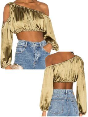 Camila Coelho Emanuelle Crop Top Olive Satin One Shoulder XXS